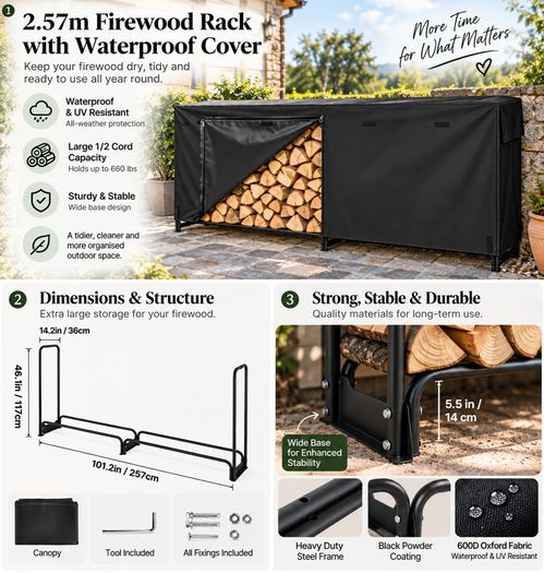 2.57m Outdoor Firewood Rack with Full Waterproof Cover  1/2 Cord, 299kg Capacity