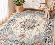 Rugs Living Room 90x150 cm Washable Rug Beige/Blue/Orange Living Room Rug, Rugs for Bedroom, Vintage, Boho, Oriental, Lounge, Dining Room, Home Office, Low Pile, Non Slip, OEKO, Print