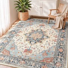 Rugs Living Room 90x150 cm Washable Rug Beige/Blue/Orange Living Room Rug, Rugs for Bedroom, Vintage, Boho, Oriental, Lounge, Dining Room, Home Office, Low Pile, Non Slip, OEKO, Print