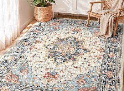 Rugs Living Room 90x150 cm Washable Rug Beige/Blue/Orange Living Room Rug, Rugs for Bedroom, Vintage, Boho, Oriental, Lounge, Dining Room, Home Office, Low Pile, Non Slip, OEKO, Print