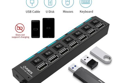 USB 2.0 Hub Multi USB Splitter Ports Data Transfer Hub Use Power Adapter4/ 7 Port Multiple Expander Hub with Switch 30CM