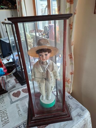Collector's Porcelain Doll, In A very Large Mahogany Display Case, PRICE IS FOR 1 ONLY these came from a Pub contents,
