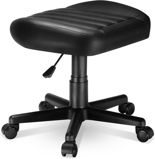 Height Adjustable Under Desk Footrest,Ultra Soft Padded Roller Seat PU Leather Low Round Rolling Stool Floor Stool with Wheels,Ideal for Office Salon Massage Pedicure,Black