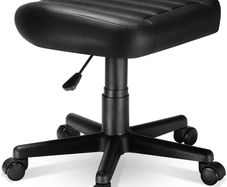 Height Adjustable Under Desk Footrest,Ultra Soft Padded Roller Seat PU Leather Low Round Rolling Stool Floor Stool with Wheels,Ideal for Office Salon Massage Pedicure,Black