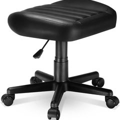 Height Adjustable Under Desk Footrest,Ultra Soft Padded Roller Seat PU Leather Low Round Rolling Stool Floor Stool with Wheels,Ideal for Office Salon Massage Pedicure,Black