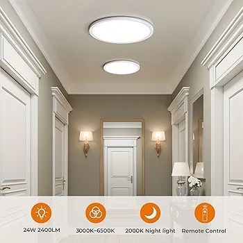 LED Ceiling Light Dimmable 24W, Ceiling Lamp with Remote Control Timeable, 2000K Night Light Warm, Panel 3000K-6500K for Bedroom Kid's Room Living Room Bathroom, Round White 11.8 Inch