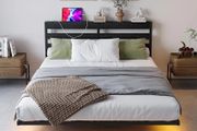Double 4ft6 Floating Bed Frame with LED Lights, Metal Platform Bed Frame with USB Charging Station Double Size, No Box Spring Needed, Metal Slat Support, Noise Free, Black