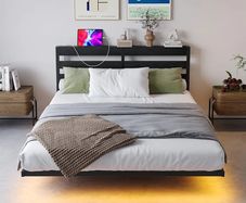 Double 4ft6 Floating Bed Frame with LED Lights, Metal Platform Bed Frame with USB Charging Station Double Size, No Box Spring Needed, Metal Slat Support, Noise Free, Black