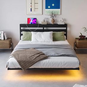 Double 4ft6 Floating Bed Frame with LED Lights, Metal Platform Bed Frame with USB Charging Station Double Size, No Box Spring Needed, Metal Slat Support, Noise Free, Black