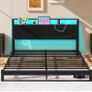 4ft6 Double Bed Frame with Ergonomic Storage Headboard,Metal Platform Low Bed Frame Double,Floor Bed Base with Charging Station and LED,Heavy Duty Mattress Foundation,Easy Assembly,No Noise,Black Image 2