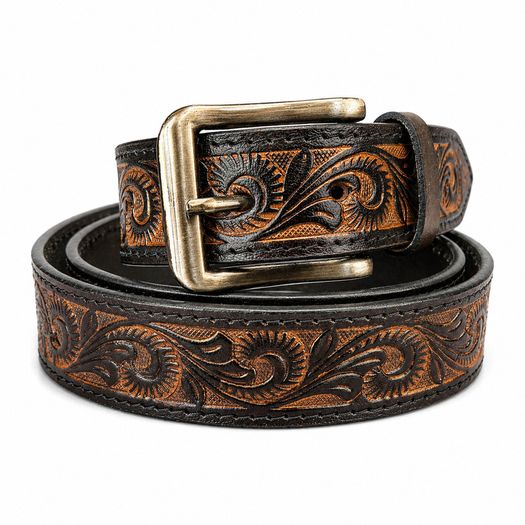 Unisex Genuine Leather Belt Vintage Embossed Design with Antique Buckle Casual & Formal Waist Belt