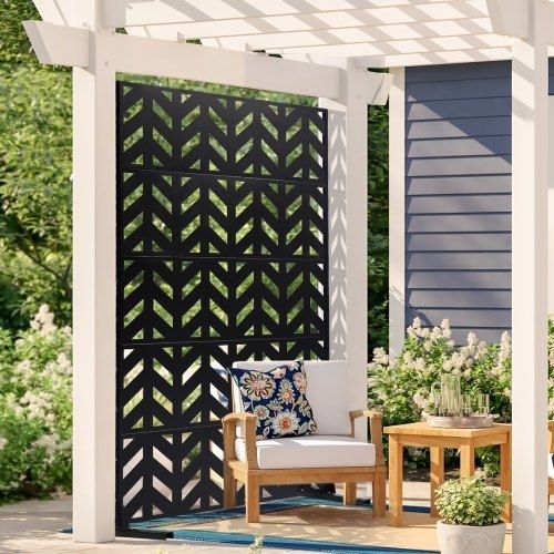 Metal Privacy Screen, 47" W x 72" H, Outdoor Privacy Screens 5-Panel, Freestanding Outdoor Divider with Stand, Decorative Garden Steel Privacy Fence for Balcony Patio Indoor Room Black