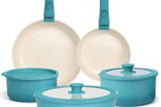 11Pcs Pots and Pans Set with Detachable Handle, Pans Set with Ceramic Non-Stick Coating, Induction Stackable Cooking Pots Set, Mobile Cookware Set Ovenproof Safe, Blue Gradient