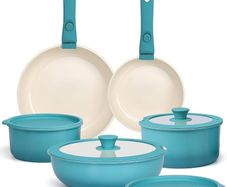 11Pcs Pots and Pans Set with Detachable Handle, Pans Set with Ceramic Non-Stick Coating, Induction Stackable Cooking Pots Set, Mobile Cookware Set Ovenproof Safe, Blue Gradient