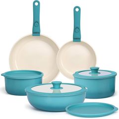 11Pcs Pots and Pans Set with Detachable Handle, Pans Set with Ceramic Non-Stick Coating, Induction Stackable Cooking Pots Set, Mobile Cookware Set Ovenproof Safe, Blue Gradient