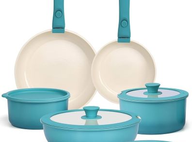 11Pcs Pots and Pans Set with Detachable Handle, Pans Set with Ceramic Non-Stick Coating, Induction Stackable Cooking Pots Set, Mobile Cookware Set Ovenproof Safe, Blue Gradient