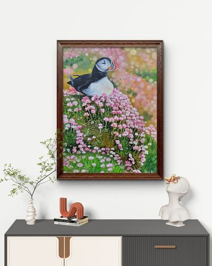 Puffin in the Sea Pinks | oil painting | framed