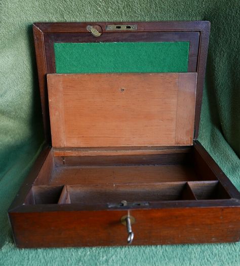 Antique 1800s Wood Folding Portable Travel Writing Lap Desk Campaign Box Case Key