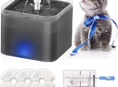 Cat Water Fountain, 2L Automatic Electric Flower Style Dispenser with LED Water Level Window and Replaceable Filter