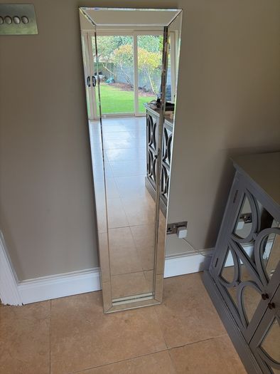 Tall Bevelled Mirror with Mirrored Frame Originally 399  Damaged