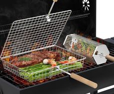 Grill Basket Set (Rectangular+Hexagon), Removable Wooden Handle, 304 Stainless Steel, Rolling Grilling Net, BBQ Accessories Tools for Vegetables Shrimp, Outdoor Cooking Camping, Birthday Gifts