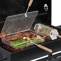 Grill Basket Set (Rectangular+Hexagon), Removable Wooden Handle, 304 Stainless Steel, Rolling Grilling Net, BBQ Accessories Tools for Vegetables Shrimp, Outdoor Cooking Camping, Birthday Gifts