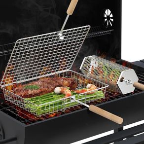 Grill Basket Set (Rectangular+Hexagon), Removable Wooden Handle, 304 Stainless Steel, Rolling Grilling Net, BBQ Accessories Tools for Vegetables Shrimp, Outdoor Cooking Camping, Birthday Gifts