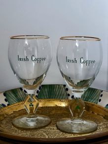 Vintage Irish Coffee Glasses Set of 2, Gold Rim Shamrock Stem