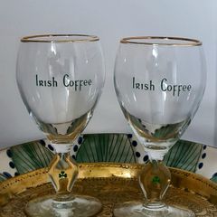 Vintage Irish Coffee Glasses Set of 2, Gold Rim Shamrock Stem