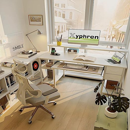 Computer Desk with Drawers & Power Outlets, Office Desk with Storage Monitor Stand, Reversible Small Desks for Home Office Bedroom, 120 / 50cm, White