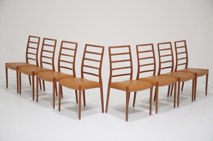 Mid Century Set of 8 x Teak and Tan Leather Dining Chairs Model 82 by Niels Otto Moller, 1960s
