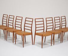 Mid Century Set of 8 x Teak and Tan Leather Dining Chairs Model 82 by Niels Otto Moller, 1960s