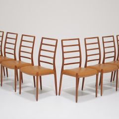 Mid Century Set of 8 x Teak and Tan Leather Dining Chairs Model 82 by Niels Otto Moller, 1960s