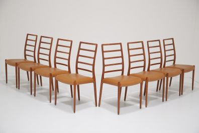 Mid Century Set of 8 x Teak and Tan Leather Dining Chairs Model 82 by Niels Otto Moller, 1960s