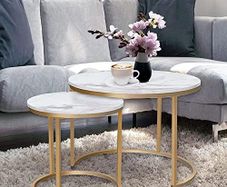 Round Coffee Tables, Removable Set of 2 End Table, Nesting Tables with Gold Metal Frame Legs and Marble White Top for Living Room, Bedroom, Office, Balcony, Apartment (White)