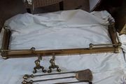 Brass fire fender plus fire dogs &amp; fire irons