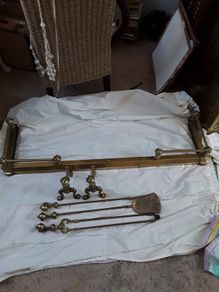 Brass fire fender plus fire dogs & fire irons