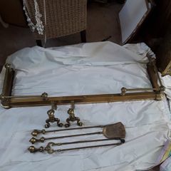 Brass fire fender plus fire dogs & fire irons