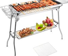 BBQ Grill, Stainless Steel Barbecue Grill with Stand, Foldable and portable outdoor charcoal bbq, suitable for 5-10 People (Round-vent)