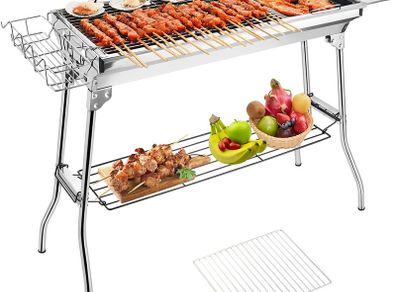 BBQ Grill, Stainless Steel Barbecue Grill with Stand, Foldable and portable outdoor charcoal bbq, suitable for 5-10 People (Round-vent)
