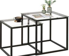 Coffee Table, Set of 2, Modern Living Room Table, Glass Coffee Table, Small, Side Table, Sofa Table, Coffee Table for Living Room, Bedroom, Office, 50/45 cm, Black