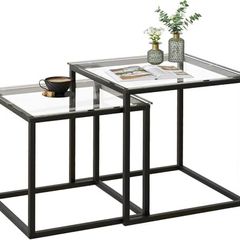 Coffee Table, Set of 2, Modern Living Room Table, Glass Coffee Table, Small, Side Table, Sofa Table, Coffee Table for Living Room, Bedroom, Office, 50/45 cm, Black