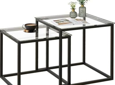 Coffee Table, Set of 2, Modern Living Room Table, Glass Coffee Table, Small, Side Table, Sofa Table, Coffee Table for Living Room, Bedroom, Office, 50/45 cm, Black