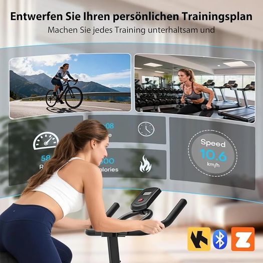 Exercise Bike with Adjustable Resistance, Quiet Home Trainer Bicycle with App, Ergometer Indoor Spinning Bike for Cardio Training at Home, Fitness Bike up to 160 kg