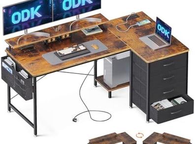 Corner Desk with Drawers, L Shaped Computer Desk 140x80cm with USB Charging