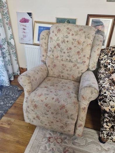 2 Floral Armchairs  (1 is a recliner) & Matching Footstool / Ottoman