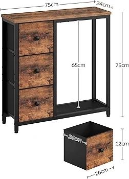 Slim Console Table, Sofa Table with 3 Fabric Drawers, Hallway Table with 2-Tier Storage Shelf, Industrial Storage Table, for Entryway, Living Room, Corridor, Rustic Brown and Black
