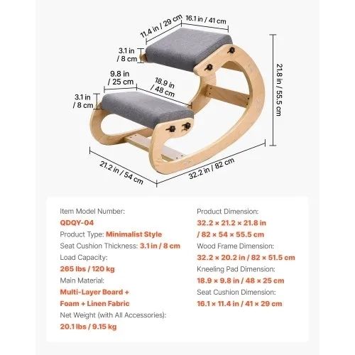 Ergonomic Kneeling Chair, Wooden Posture Knee Chair with Adjustable Thick Foam Cushions & Solid Wood Frame, Adjustable Height, Relief for Neck or Back Pain for Home, Office or Meditation, Gray
