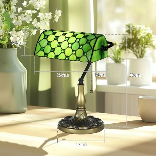 Stained Glass Table Lamp, Vintage Lamp with Green Handmade Shade, Metal Base, Antique Bedside Lamp for Bedroom Living Room Home Decoration