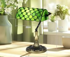 Stained Glass Table Lamp, Vintage Lamp with Green Handmade Shade, Metal Base, Antique Bedside Lamp for Bedroom Living Room Home Decoration